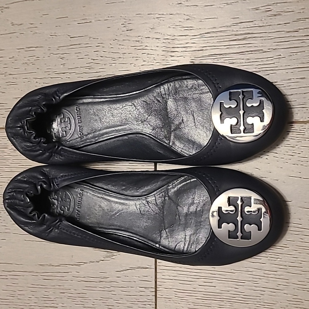 Tory Burch Navy Flats with Silver Logo